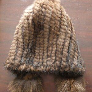 New Genuine Knitted Mink Pompom Fur Hat with Scarf